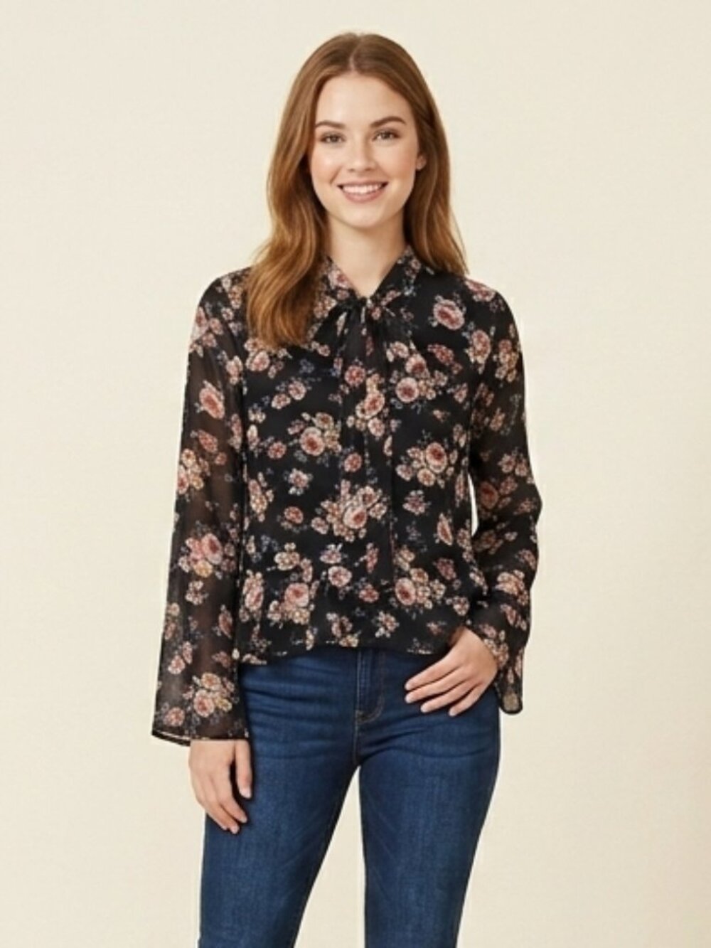 Vintage Y2K Forever 21 Dark Floral Sheer Tie Neck Blouse Small Romantic Boho Coq